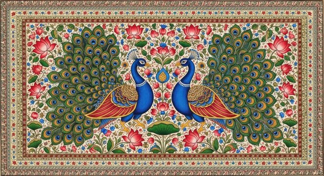 Exquisite Indian Miniature Painting of Two Majestic Peacocks Amidst Vibrant Floral Designs.
