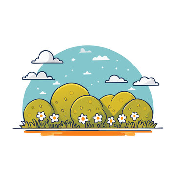 Flat design illustration of rolling hills with flowers and clouds