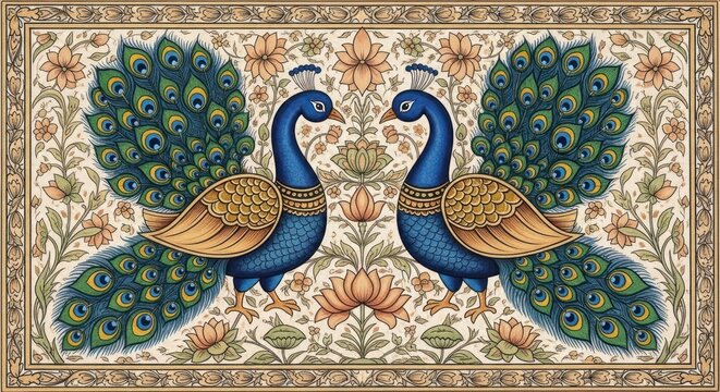 Exquisite Indian Miniature Painting of Two Majestic Peacocks Displaying Their Feathers.