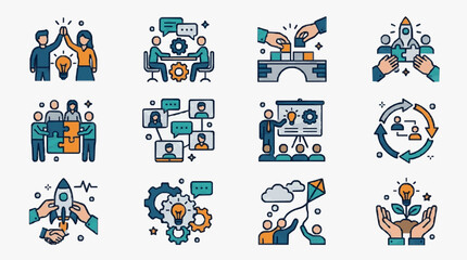 Fototapeta premium Sleek Colorful Illustrations of Team Collaboration Innovation and Business Growth Concepts with Modern Icons