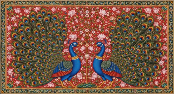 Exquisite Indian Miniature Painting of Two Majestic Peacocks Displaying Their Feathers.