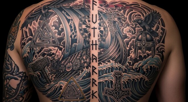 Epic Norse Saga Tattoo: Viking Longship & Mjolnir, Intricate Detail