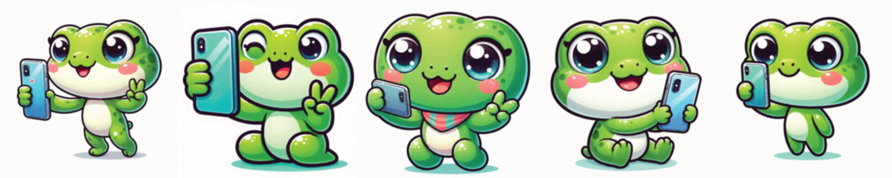 Vector of a cute cartoon frog character taking a smartphone selfie