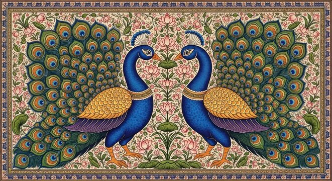 Exquisite Indian Miniature Painting of Two Majestic Peacocks Displaying Their Plumage.