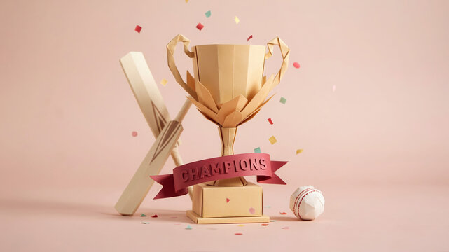 Paper trophy with cricket bat and ball on pink background with confetti celebrating champions