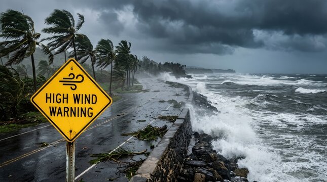 Bright yellow high wind warning sign stands beside a coastal road during a severe tropical storm