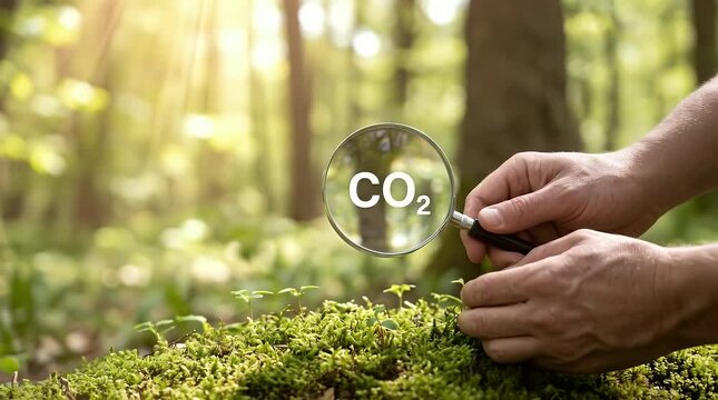 Hand Holding Magnifying Glass Over Moss Examining CO2 in Forest