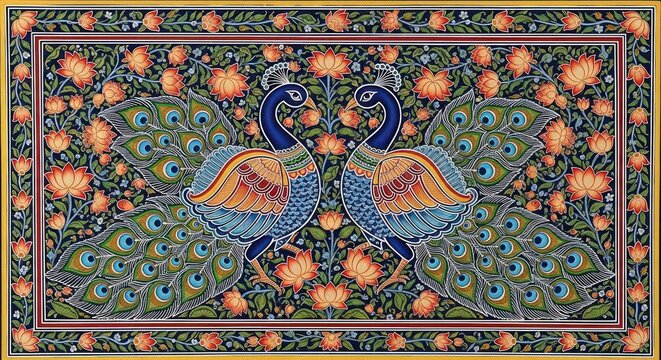 Exquisite Indian Miniature Painting of Two Majestic Peacocks Surrounded by Floral Motifs.