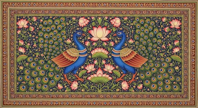 Exquisite Indian Miniature Painting of Two Peacocks Amidst Floral Abundance.