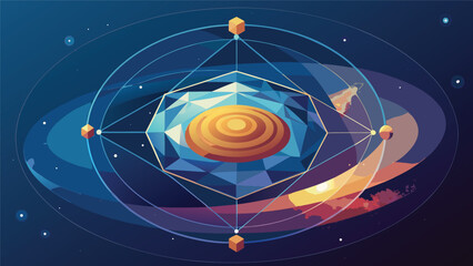 Futuristic geometric space design featuring planetary core and orbiting navigation paths abstract cosmic illustration geometric astronomy abstract illustration universe structure futuristic © MAX