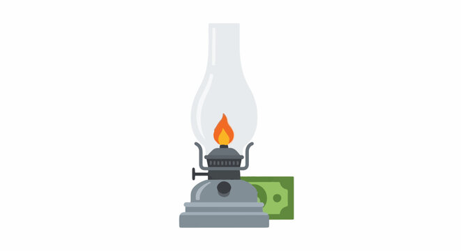 Vintage kerosene lamp with burning flame and dollar bill.