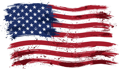 USA Waving Flag Vector Graphic Featuring Distressed Grunge Textures Rough Brush Strokes and Detailed Paint Splatters for Patriotic American Holiday Designs © SAHEDUL