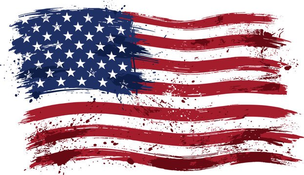 USA Waving Flag Vector Graphic Featuring Distressed Grunge Textures Rough Brush Strokes and Detailed Paint Splatters for Patriotic American Holiday Designs