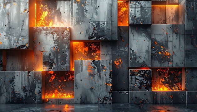 A wall of burned concrete blocks with flames