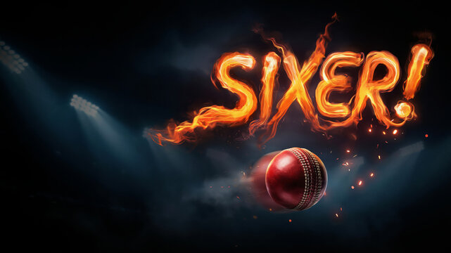 Cricket ball flying with fire effect and SIXER! text on dark background with spotlights