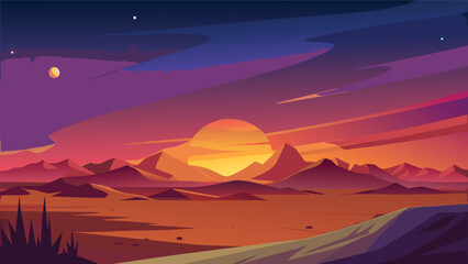 Purple and orange alien horizon at twilight with floating space bodies landscape twilight mountains celestial illustration universe background wallpaper creative astronomy exploration © MAX