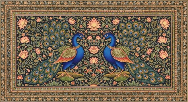 Exquisite Indian Miniature Painting of Two Peacocks Amidst Floral Designs.