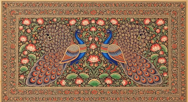 Exquisite Indian Miniature Painting of Two Peacocks Amidst Floral Designs.