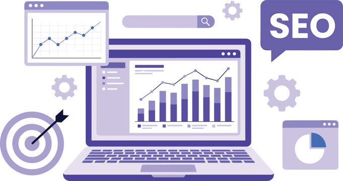 SEO optimization laptop dashboard showing web traffic growth analytics and marketing business data vector flat illustration
