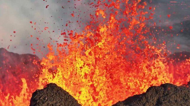 Aerial view of intense lava fountain erupting from a volcanic crater with glowing magma and smoke in Grimsey, Reykjanesbaer, Iceland.