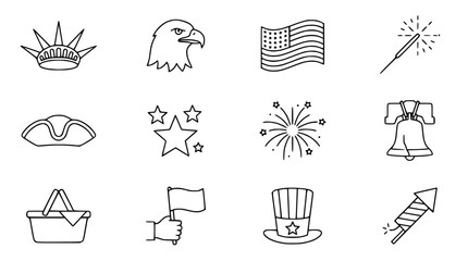 Fototapeta premium USA Independence Day Icons: Liberty Bell, Eagle, Flag, Fireworks, Sparkler, Top Hat