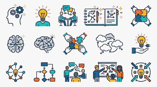 Dynamic Illustrations of Creative Thinking Brainstorming and Problem Solving Concepts with Colorful Icons