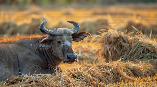 Water buffalo in harvested autumn rice field