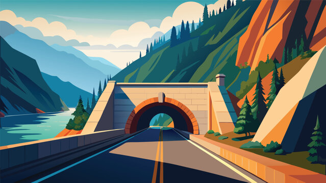 Mountain road leading into tunnel entrance near river and pine forest with mountain landscape transport adventure entrance structure architecture concrete wilderness daylight illustration