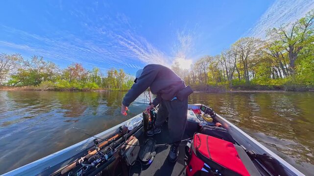 Man fishing at sunset. Happy angler catches big fish and showing it. Bass fishing sport. Fisherman fishing and display large bass fish at sunset. Outdoors sports and trolling Lake Couchiching.