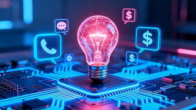 Light bulb on circuit board with icons