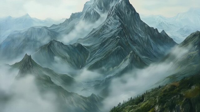 Misty mountain range with rocky peaks and green foothills in a hazy sky