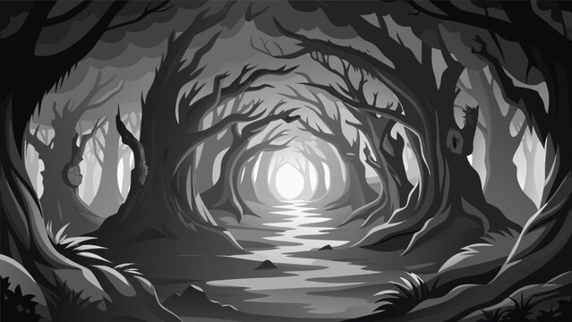 Spooky dark forest path with bare trees illustration silhouette landscape adventure branches background wilderness woodland mysterious atmospheric environment monochrome artistic treeline