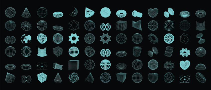 Collection Of Wireframe Geometric Shapes And Polyhedral Forms In Teal And White geometry polyhedron polyhedra sphere cube cylinder