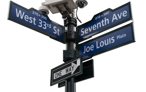 Street signs at the corner of Seventh Avenue and West 33rd street in New York City on a transparent background.