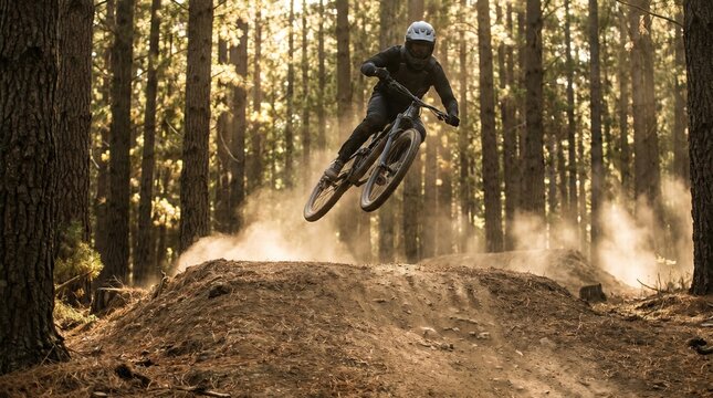 Action shot of an extreme mountain biker jumping high in the forest