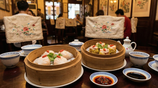 Traditional Chinese dim sum dishes served.