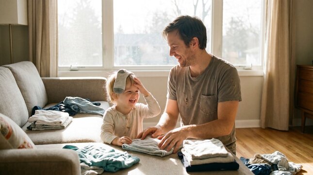 Happy father and toddler son laughing together while doing laundry with a sock on the child's head
