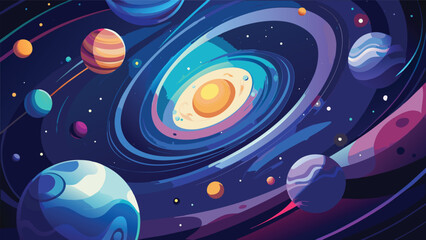 Cosmic space scene featuring a bright sun at the center of an orbiting planetary system astronomy universe celestial exploration illustration background abstract colorful wallpaper elements © MAX