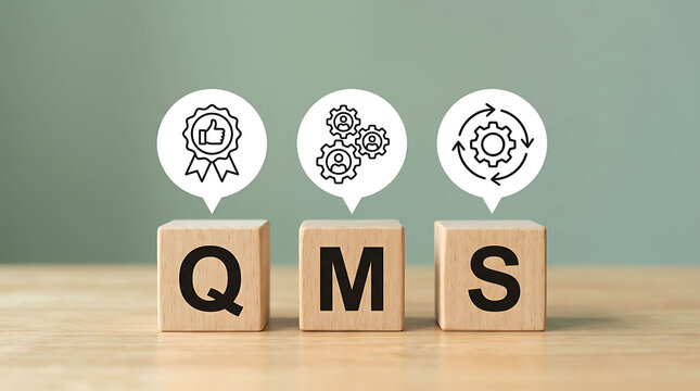 QMS Quality Management System Concept with Wooden Blocks and Process Icons
