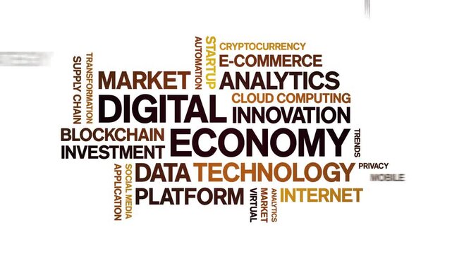 Digital Economy animated word cloud-text design animation tag kinetic typography seamless loop.