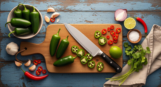 Spicy cuisine ingredients jalape os chili peppers garlic and lime on wood