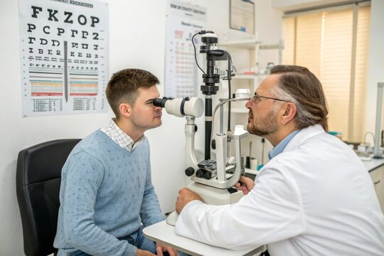Young man undergoes eye examination with professional equipment