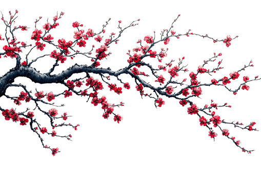 Red blossoms on dark branches against stark black background