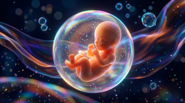 A colorful representation of a fetus in an amniotic sac symbolizing the miracle of life and IVF technology.