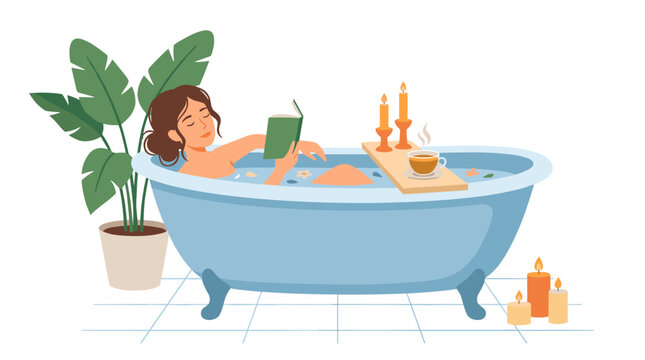 Woman Relaxing in a Bathtub Reading a Book Surrounded by Candles and a Plant