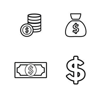 Set of US dollar currency symbol isolated on white background, Money currency sign, Money and finance line icons set, set includes icon cash money bag, dolar bill, money wallet, exchange