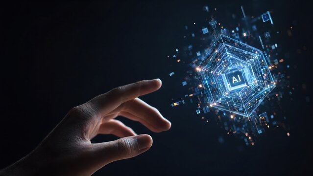 Hand reaching for glowing AI technology in digital futuristic environment