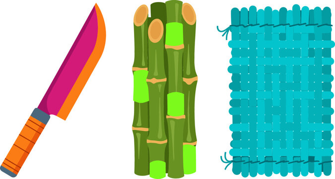 Tropical Agriculture Vector Element Set Featuring Large Harvesting Knife Green Sugarcane Bamboo Stalks and Teal Woven Reed Mat Illustration