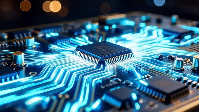 Closeup of a glowing circuit board
