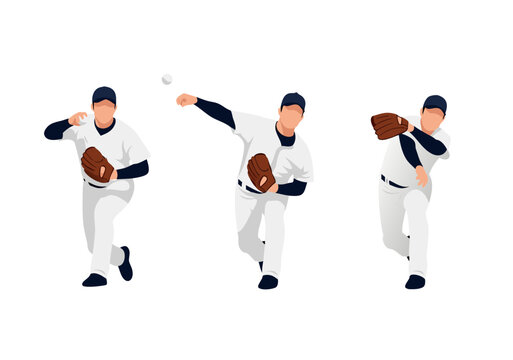 Illustration of a group Baseball Player in Action Throw Action Pitch and  Sports Equipment in Graphic Style